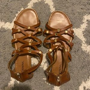 tan/brown dressy sandals with gold beads